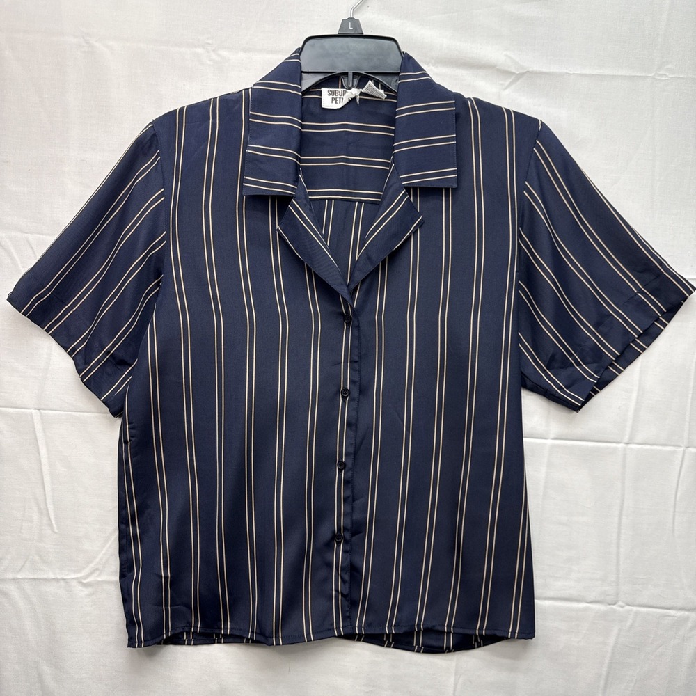 Vintage Suburban Petites Button Up Striped Navy Secretary Geek Satiny Blouse 4 P